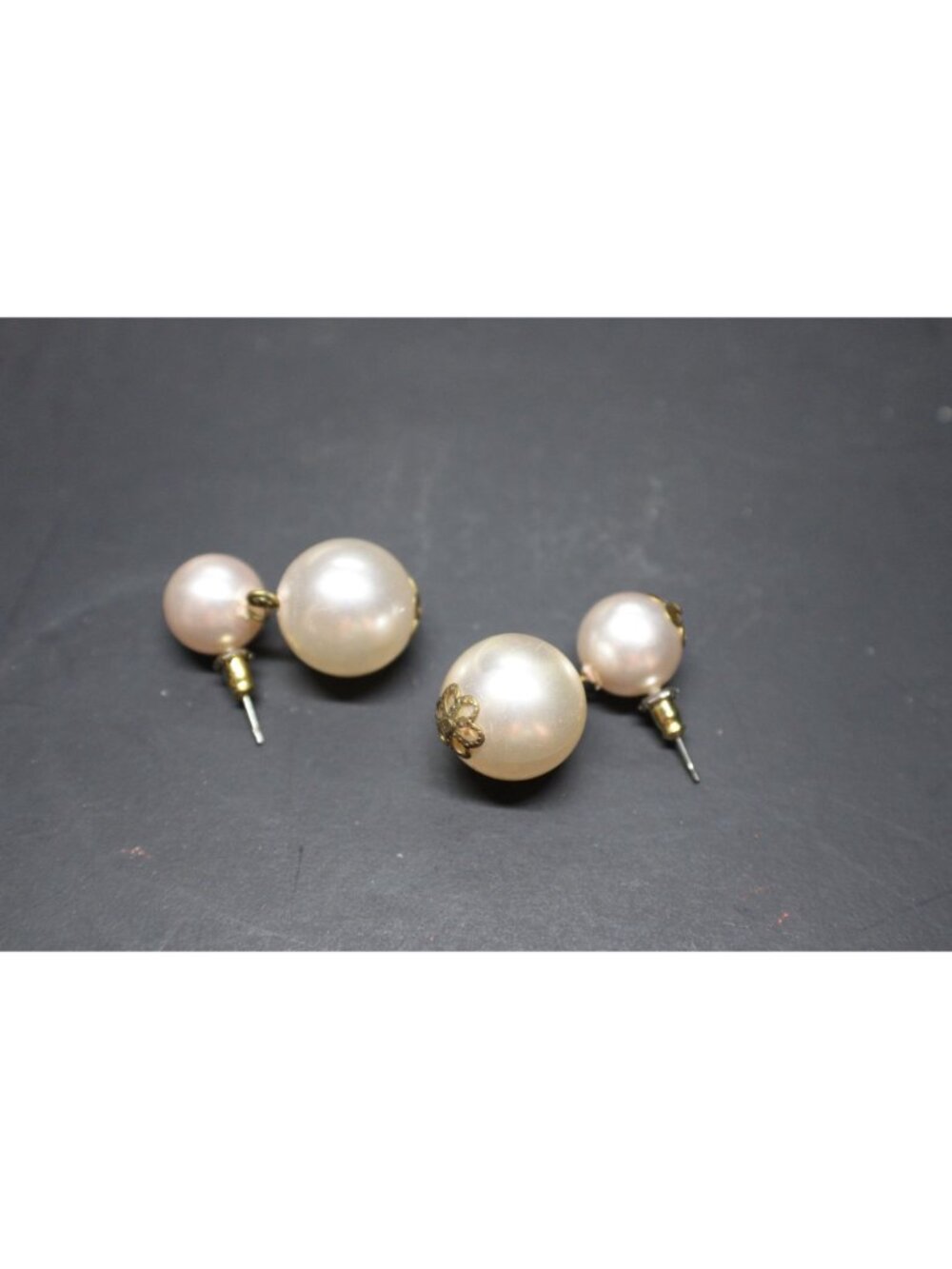 Double Faux Pearl Drop Earrings and Gold Floral Accents Pierce 2 Size Pearls Vtg - Picture 2 of 9